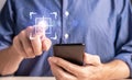 Using mobile phone, finger clicking on button, ai digital technology