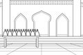 Using The Mosque Courtyard As a Place To Distribute Sadaqah. Vector Illustration. Coloring Book Illustration