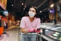 One young Caucasian woman buyer wearing face protective mask during the shopping. Healthy lifestyle concept