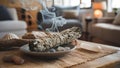 Using a Sage Smudge Stick for Spiritual Cleansing in the Living Room. Concept Spiritual Cleansing,