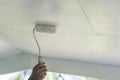 Using a small paint roller to apply white colored latex paint on the wood soffit ceiling of the balcony of a house. Home