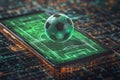 Using a smartphone to place bets on virtual soccer matches with currency and a ball Royalty Free Stock Photo