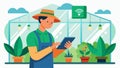 Using a specialized app a farmer remotely controls the temperature and humidity levels in a greenhouse ensuring optimal Royalty Free Stock Photo