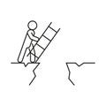 Using stairs to cross to other side rock, to move on. Climb using ladder, man stands in front of cliff. Cliff of