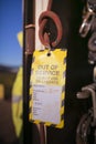 Using yellow out of service tag tagging welding spot burn cow tail 1 metre rope back up safety line Royalty Free Stock Photo