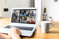 Video meeting on laptop screen, zoom app Royalty Free Stock Photo