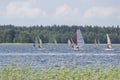 Usma lake, Latvia - June 15, 2019: Wind surfers competition on lake Usma.