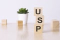 usp - financial concept. wooden cubes and flower in a pot on background