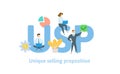 USP, unique selling proposition. Concept with keywords, letters, and icons. Flat vector illustration on white background