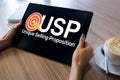 USP - Unique selling propositions. Business and finance concept on device screen.