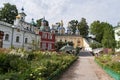 Uspenskaya square with Sacristy, belfry, Uspensky Assumption cathedral in the Pskov-Caves Holy Dormition Monastery. Pechory,