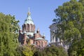 Uspenski cathedral in helsinki with purple and white flowering t Royalty Free Stock Photo