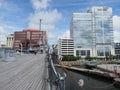 USS Wisconsin and downtown Norfolk. Royalty Free Stock Photo