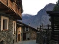 Usseaux village in Piedmont region, Italy. Narrow splendid street, mountain and peace