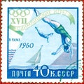 Postage stamp printed in USSR with a picture of a jumping into water Diving , from the series `XVII Olympic Games in Rome, 1960