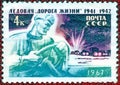 Postage stamp printed in the USSR with a picture of Road and the inscription `Road of life, 1941-1942`