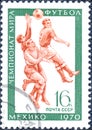 Postage stamp printed in USSR with a picture of a footballs players, with the inscription `World Football Cup Mexico 1970`