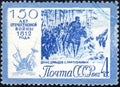 Postage stamp printed in USSR shows Russians partisan with the inscription `Denis Davydov with the guerrillas`