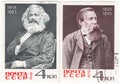 Postage stamps issued in the USSR depicting Karl Marx 1818-1873 and Friedrich Engels 1820-1895, the founders of Marxism.