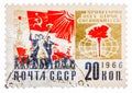 Postcard printed in the USSR shows the political slogan Workers of the world, unite Royalty Free Stock Photo