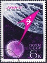 USSR - CIRCA 1966: A stamp printed in USSR devoted to the flight of soviet automatic spaceship Luna-11 to the Moon