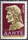 USSR - CIRCA 1965: A stamp printed in USSR issued for the 700th birth anniversary of Dante shows Dante, circa 1965