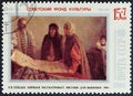 USSR - CIRCA 1988: A stamp printed in USSR shows Boyarynya noblewoman looking at Embroidery Design, circa 1988.