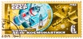 Stamp printed in the USSR shows the day of astronautics on April, 12th