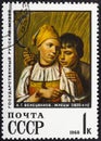 USSR - CIRCA 1968: A stamp printed in USSR shows a painting Reapers by Alexey Venetsianov