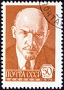 USSR - CIRCA 1976: A stamp printed in USSR shows portrait of Vladimir Ilyich Lenin after P. Zhukov, circa 1976.