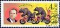 USSR - CIRCA 1989: A stamp printed in USSR shows V. I. Filatov founder of Bear Circus and bears on motor cycles, circa 1989.