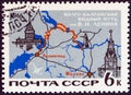 USSR - CIRCA 1966: A stamp printed in USSR shows Map of Lenin Volga-Baltic canal system, circa 1966. Royalty Free Stock Photo