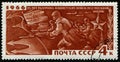 USSR - CIRCA 1966: stamp 4 Soviet kopek printed by USSR, shows Soviet Troops Advancing, 25th Anniversary of Battle of Moscow serie