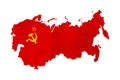 USSR country silhouette, soviet sickle and hammer symbol on red