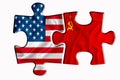 Ussr flag and United States of America flag on two puzzle pieces on white isolated background. The concept of political relations