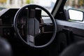 USSR 1980`s old car. Wheel, mirror and digital panel in frame. Retro car born in USSR Royalty Free Stock Photo