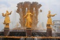 Fountain Friendship of Nations in VDNKh park, Moscow, Russia. Golden statues of women representing soviet republics