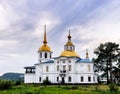 Ust-Kuda, Russia - 24 June 2020: Russian rural landscape with Church of Kazan icon of mother of God