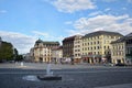 Usti nad Labem, Czech republic - June 30, 2018: pavement, historical houses, cars and fountains on Mirove namesti square during su