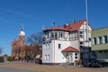 Ustka, pomorskie / Poland - February, 22, 2019: Buildings of the master`s office in Ustka. Harbor buildings in a seaside resort