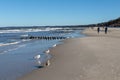 Ustka, Pomorskie / Poland - February, 22, 2019: People walking along the beach on the seashore. A winter walk in sunny weather Royalty Free Stock Photo