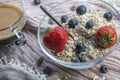 Usual glass bowl with old teaspoon, cereals, strawberries and blueberries, coffee Royalty Free Stock Photo
