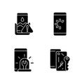 Usual mobile phone problems black glyph icons set on white space Royalty Free Stock Photo
