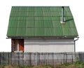 Usual no name  rural barn shed  with green roof  for storage of firewood and agricultural tools isolated Royalty Free Stock Photo