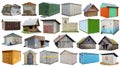 Usual noname abandoned wooden and steel  rural sheds and   barns  for storage of firewood and agricultural tools  isolated Royalty Free Stock Photo