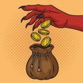 Usury devil hand gives money pop art raster