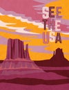 USA travel poster design template. Southwest desert scene of buttes and dramatic sunset.