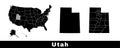 Utah state map, USA. Set of Utah maps with outline border, counties and US states map. Black and white color