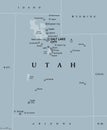 Utah, UT, gray political map, US state, nicknamed Beehive State