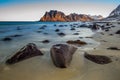 Utakleiv beach with rocks at sunrise